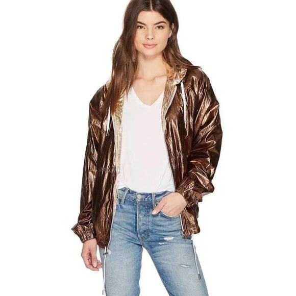 BLANKNYC Good Vibrations Reversible Metallic Windbreaker Jacket M Gold Silver - Picture 2 of 14
